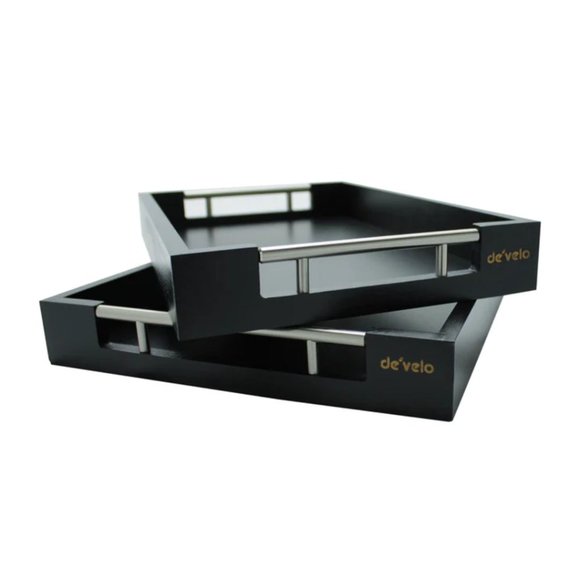 Bamboo Modern Serving Tray with Metal Handles (Set of 2) - BLACK - Picture 1 of 3